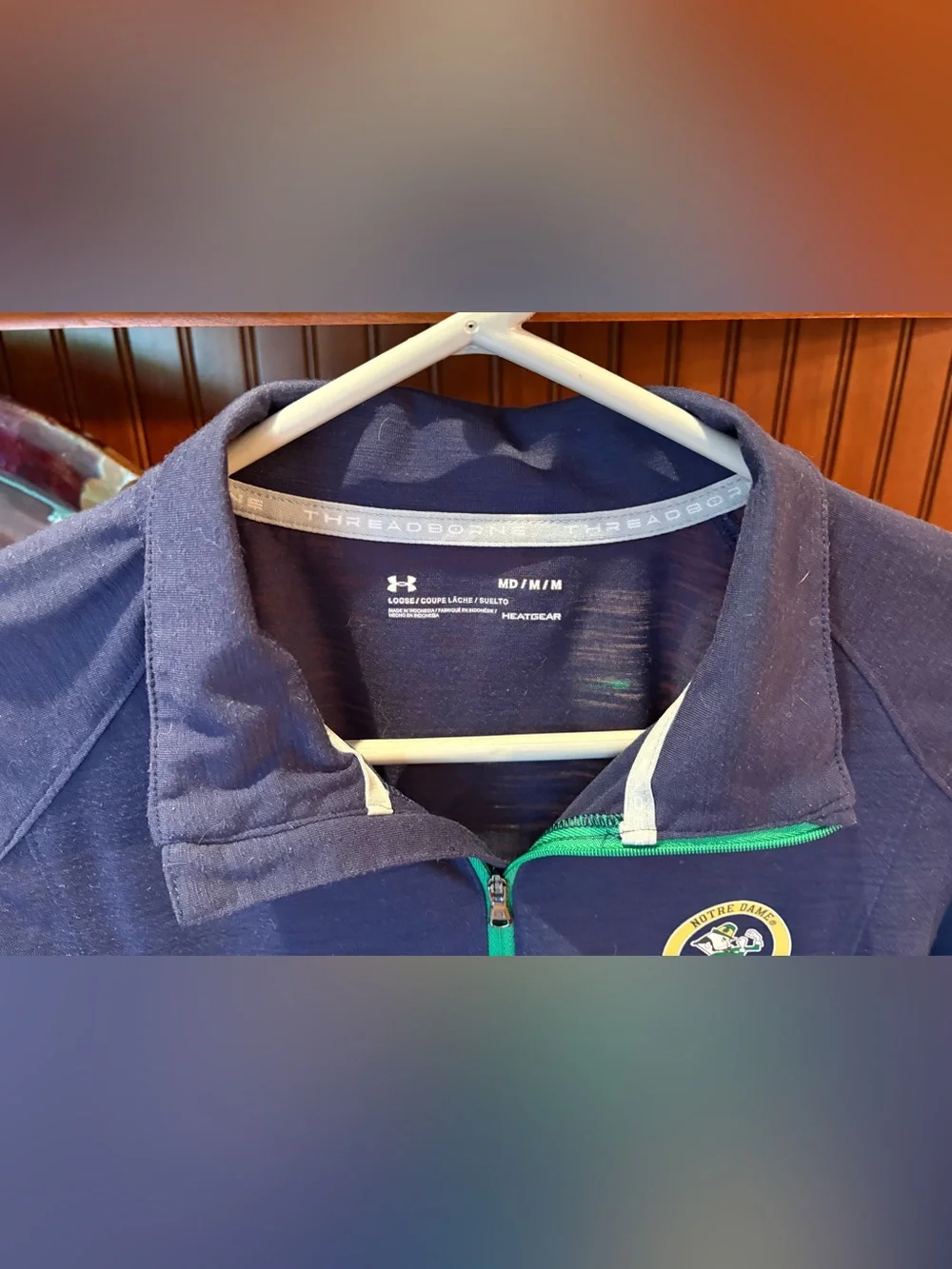 Notre Dame Fighting Irish men’s quarter zip pullover. Sharp blue w/iconic logo